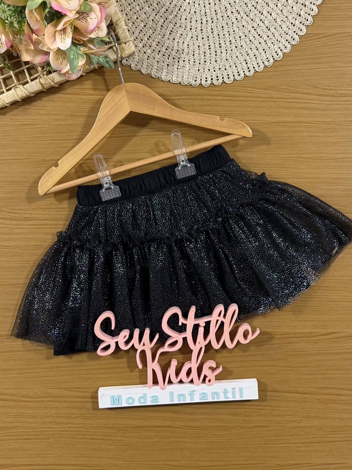 Saia Infantil Cinti Verão Preta em Tule com Brilho