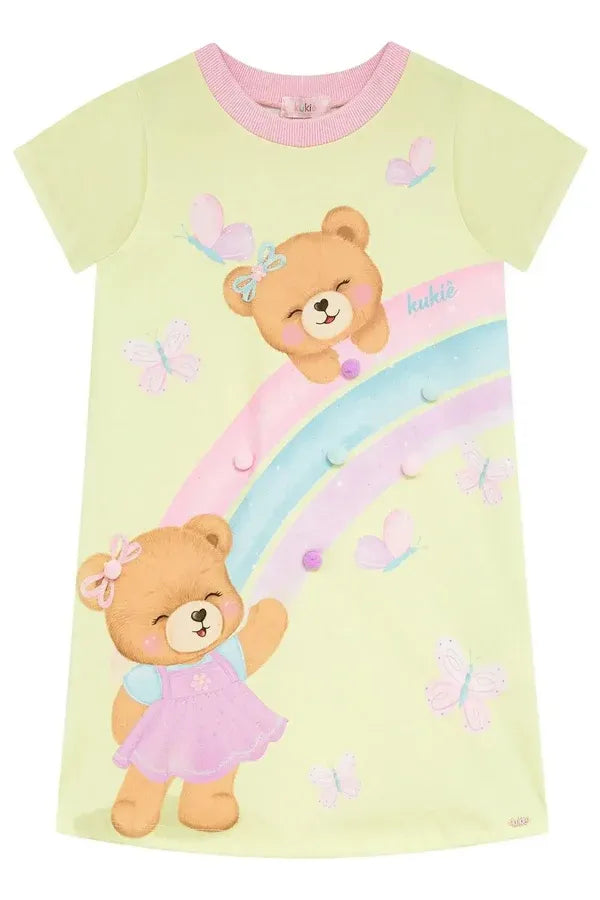 Vestido Infantil Kukiê Amarelo Ursinho com Pompom
