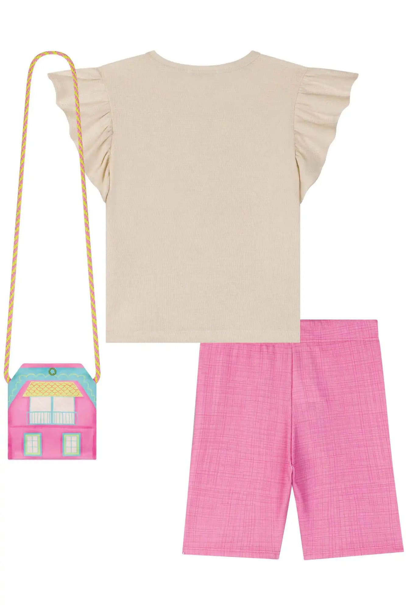 Conjunto Infantil Kukiê Verão com Shorts Rosa Ciclista e Blusa Bege Panda Vermelho com Bolsinha