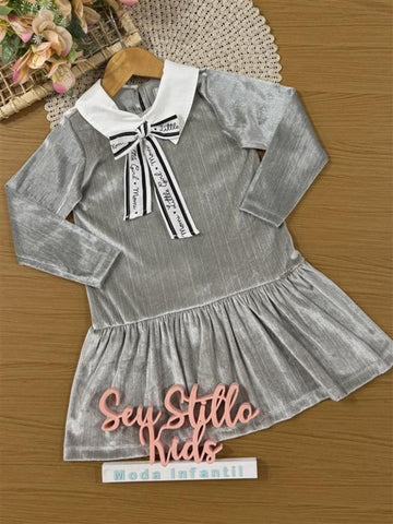 Vestido Infantil Momi Inverno Cinza Lacinho