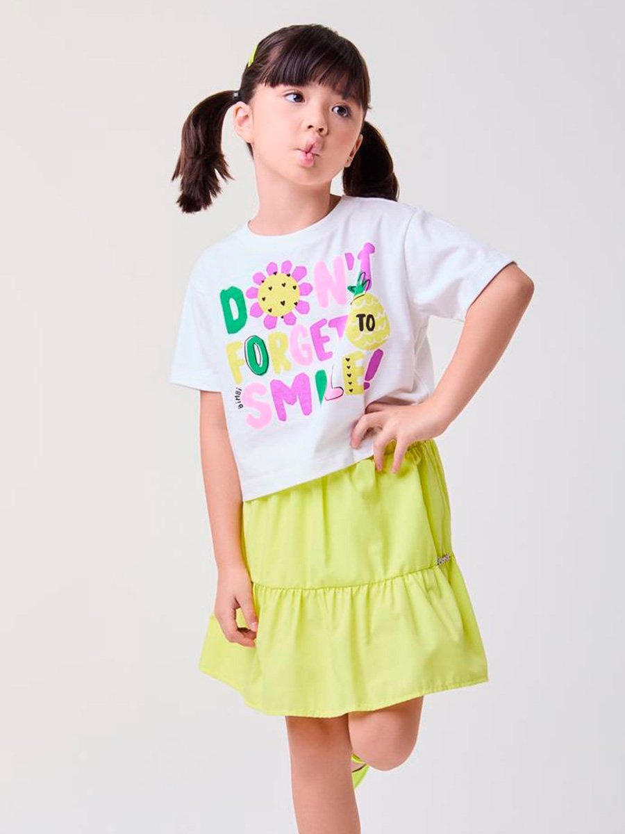 Conjunto Infantil Bimbi Verão com Saia Verde e Blusa Branca Smile