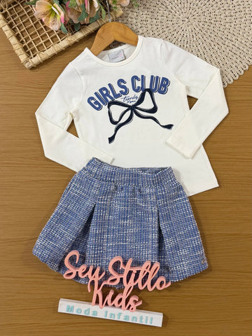 Conjunto Infantil Momi Inverno com Shorts Saia Azul e Blusa Manga Longa Girls Club