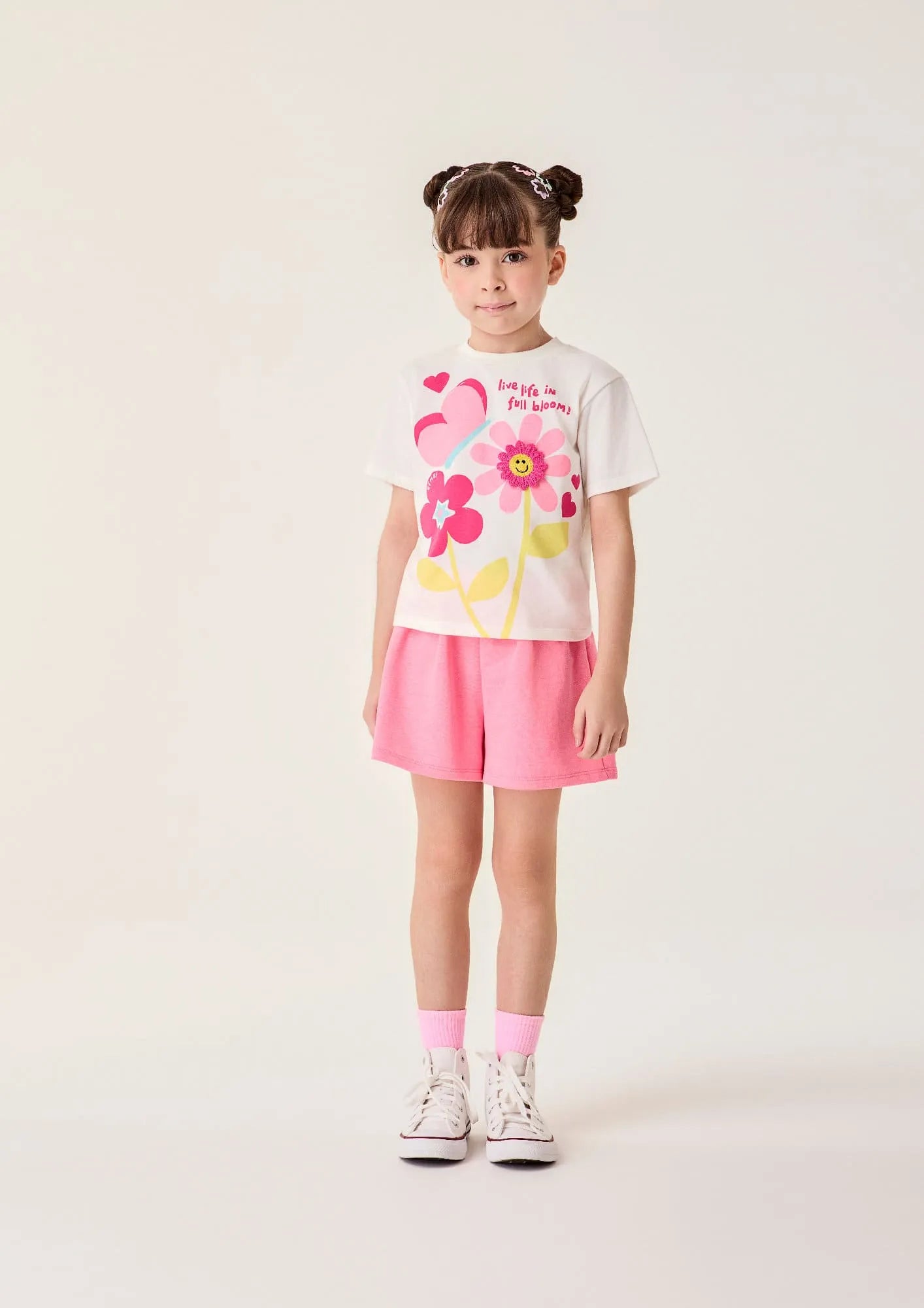 Conjunto Infantil Menina Bimbi com Shorts Rosa e Blusa Branca Jardim