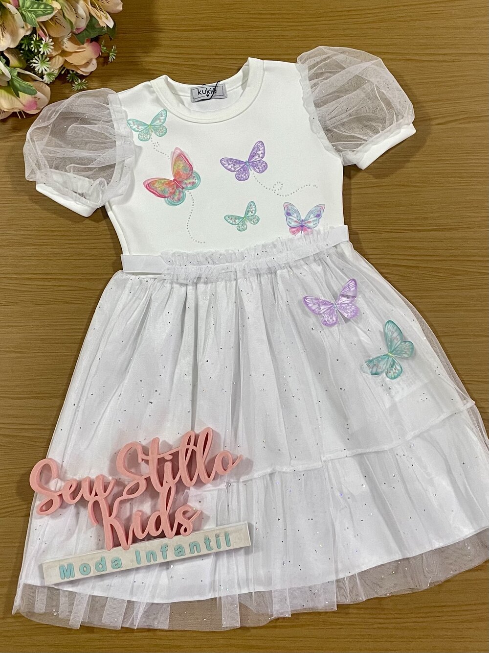 Vestido Infantil Kukie Verão Branco Tule Borboletas
