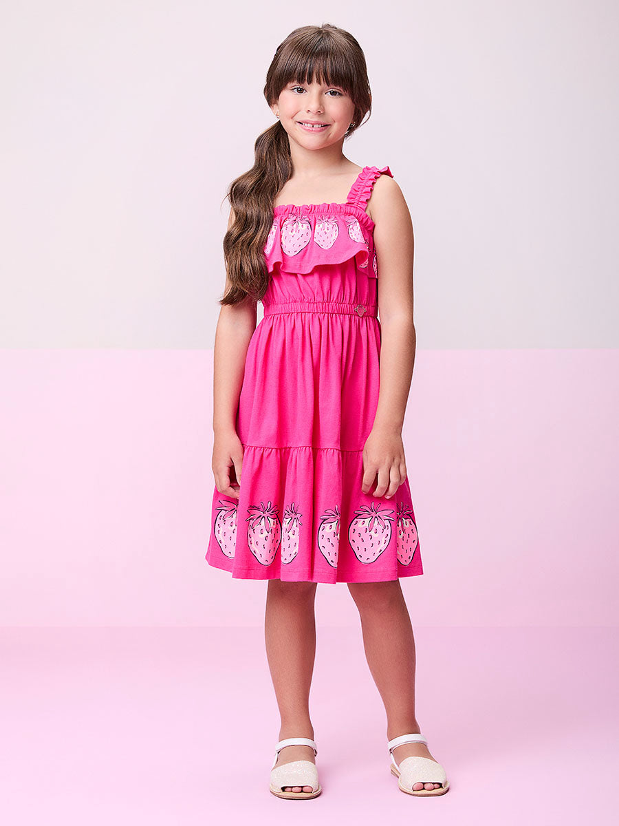 Vestido Infantil Momi Verão Rosa com Babado Moranguinho
