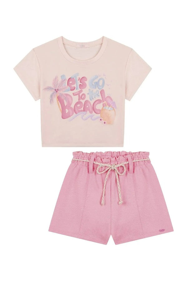 Conjunto Infantil Kukiê Verão com Shorts e Blusa Rosa Tropical