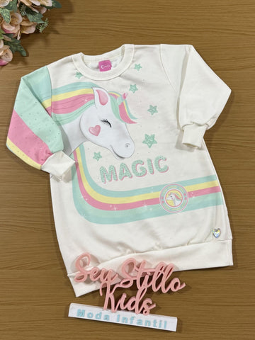 Vestido Infantil Cinti Inverno Flanelado Off White Unicórnio