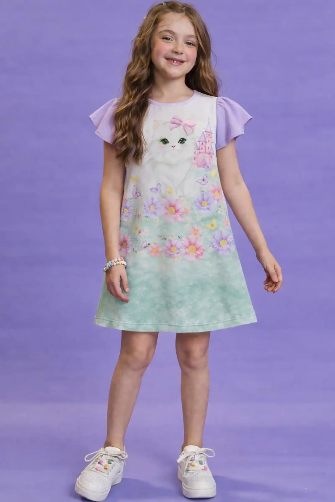 Vestido Infantil Kukiê Lilás Gatinha Floral