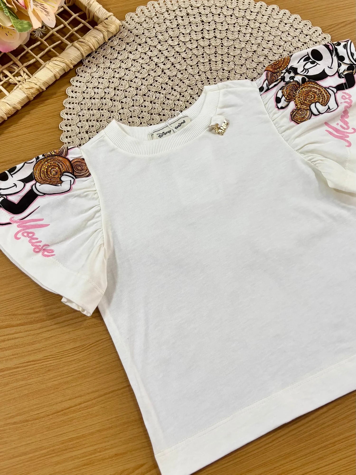 Blusa Infantil Menina Animê Branca Minnie com Strass