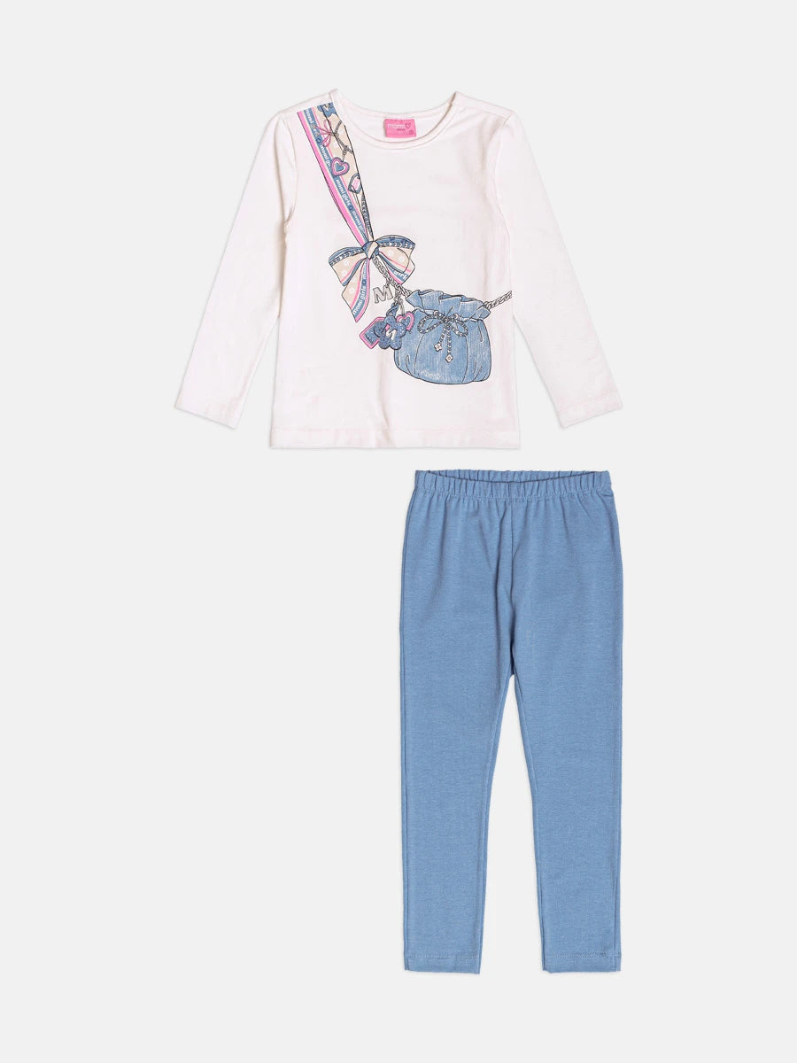 Conjunto Infantil Momi Inverno com Calça Legging Azul e Blusa Manga Longa Bolsinha 3D