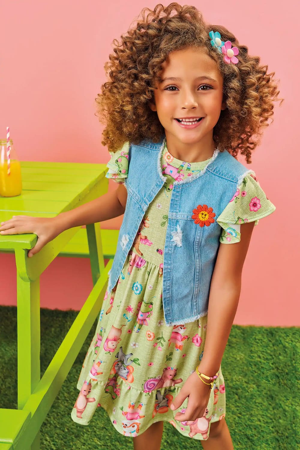 Vestido Infantil Kukie Verão Verde Animais Com Colete Jeans