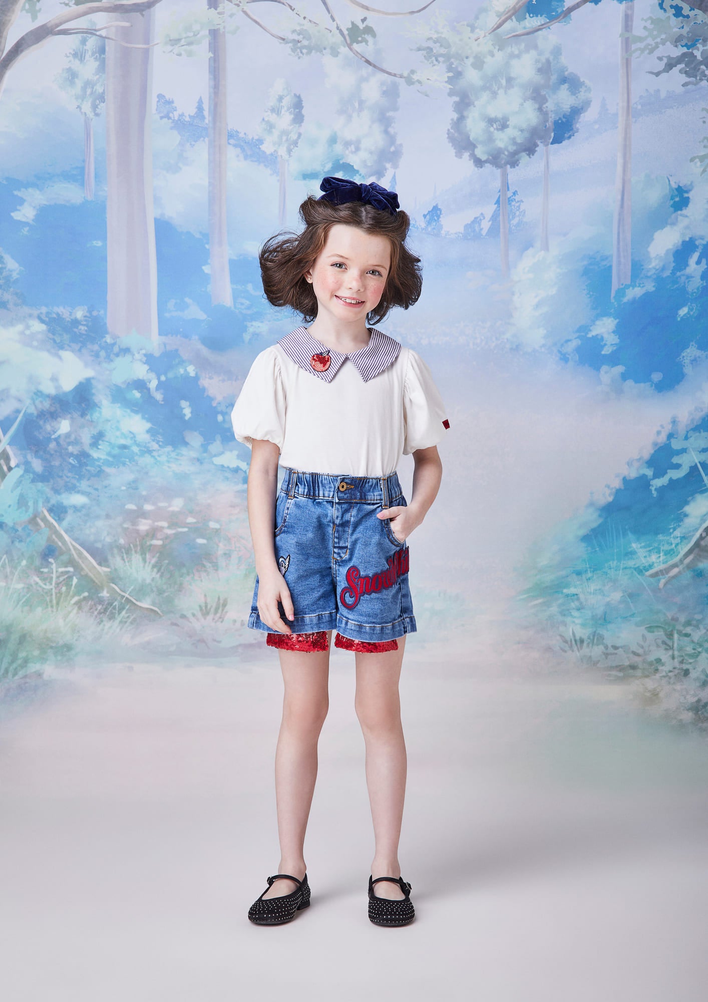 Shorts infantil Animê Jeans Branca de Neve Disney