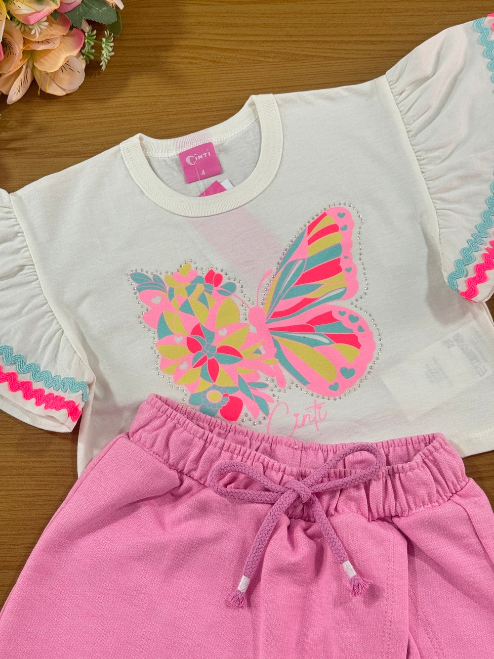 Conjunto Infantil Cinti Verão Shorts Rosa e Blusa Borboleta
