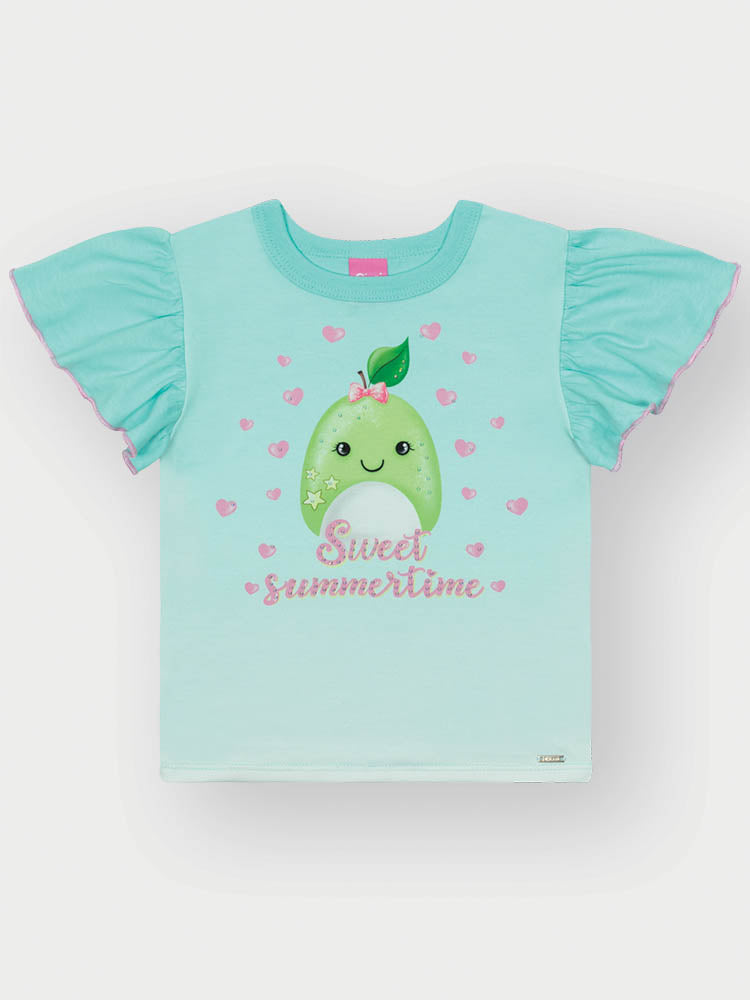 Blusa Infantil Cinti Verão Azul Pera com Strass