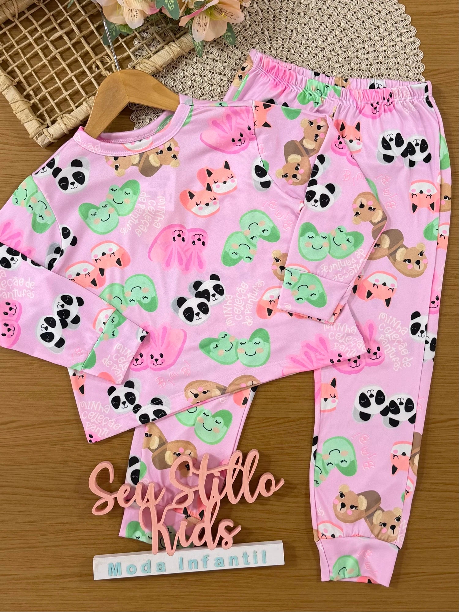 Pijama Infantil Bimbi Inverno com Calça e Blusa Manga Longa Rosa Pantufas