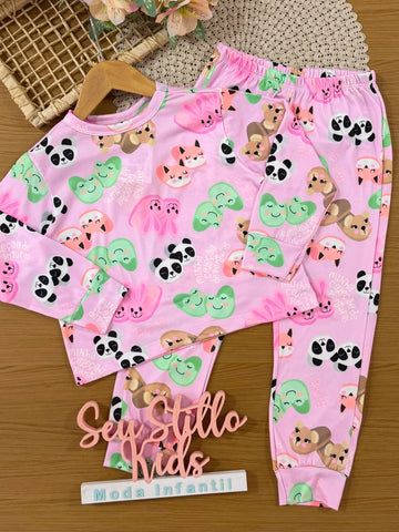 Pijama Infantil Bimbi Inverno com Calça e Blusa Manga Longa Rosa Pantufas