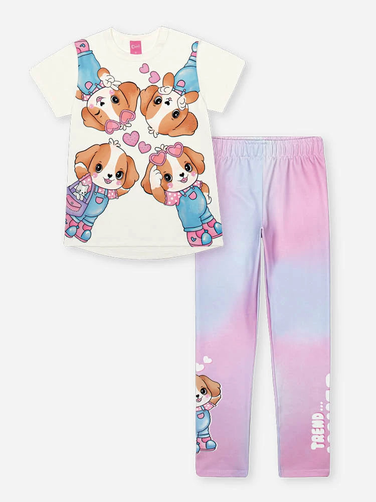 Conjunto Infantil Cinti Verão com Calça Legging Rosa e Blusa Cachorrinhos