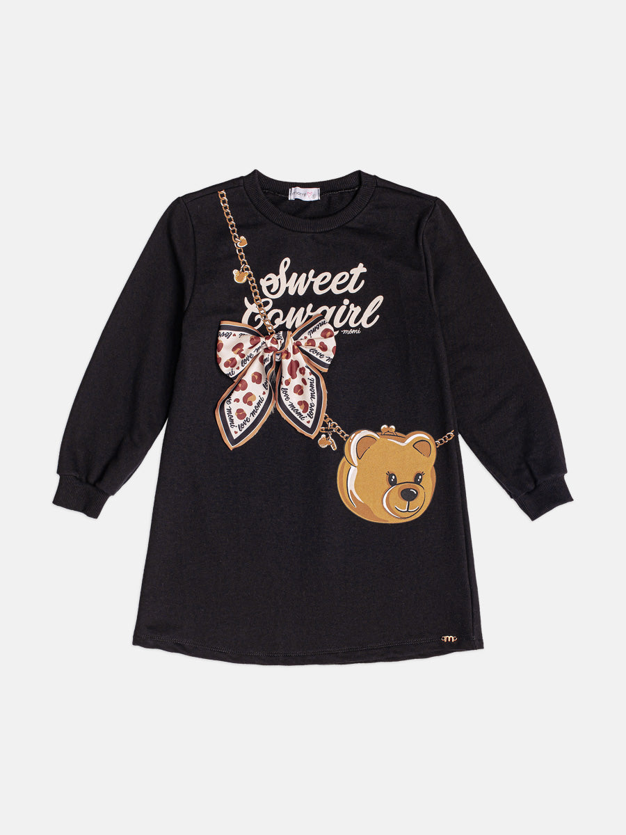 Vestido Infantil Momi Inverno Manga Longa Preto Ursinho Lacinho
