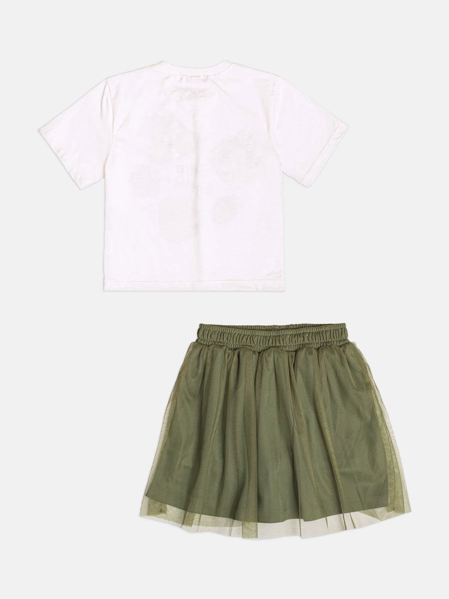 Conjunto Infantil Momi Inverno com Saia em Tule Verde e Blusa Manga Curta Tico e Teco Strass