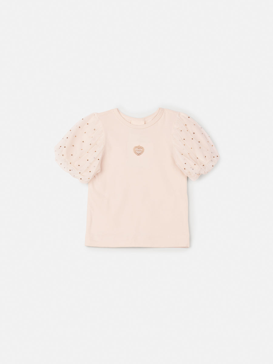 Jardineira Infantil Animê Verão Bege e Blusa Balonê com Strass