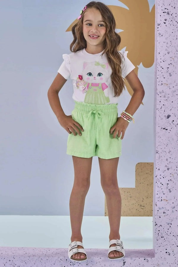 Conjunto Infantil Kukiê Verão com Shorts Verde e Blusa Branca Gatinha