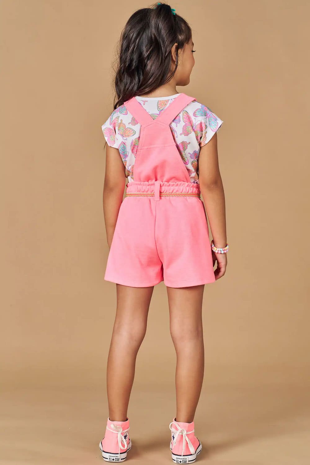 Jardineira Infantil Kukie Verão Rosa Com Blusa Borboletas