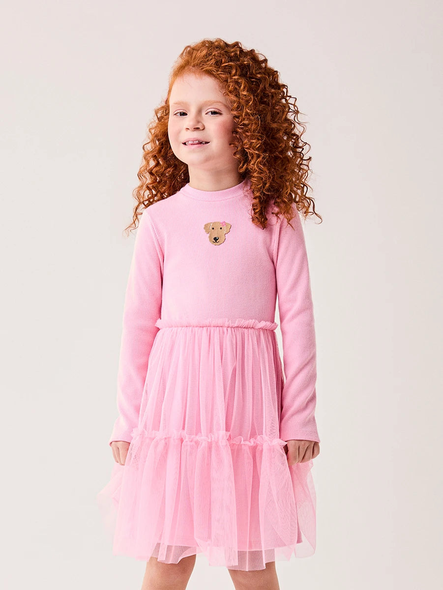 Vestido Infantil Bimbi Inverno com Tule Rosa Cachorrinha