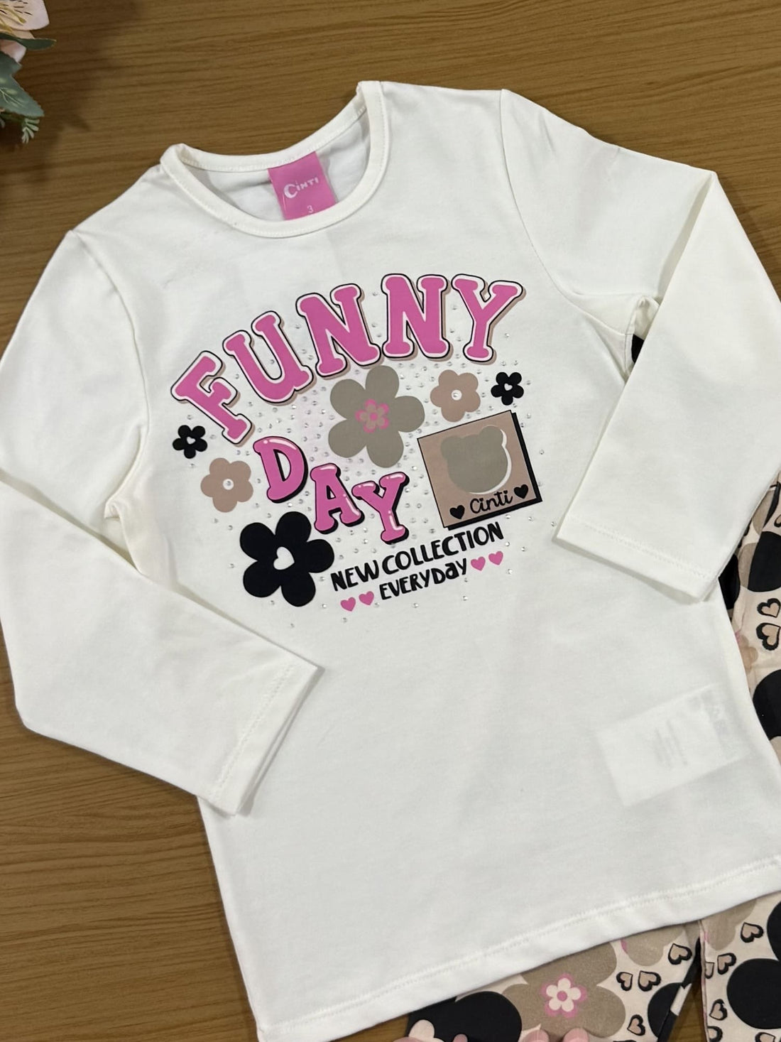 Conjunto Infantil Cinti Inverno Legging e Blusa Manga Longa Branca Floral