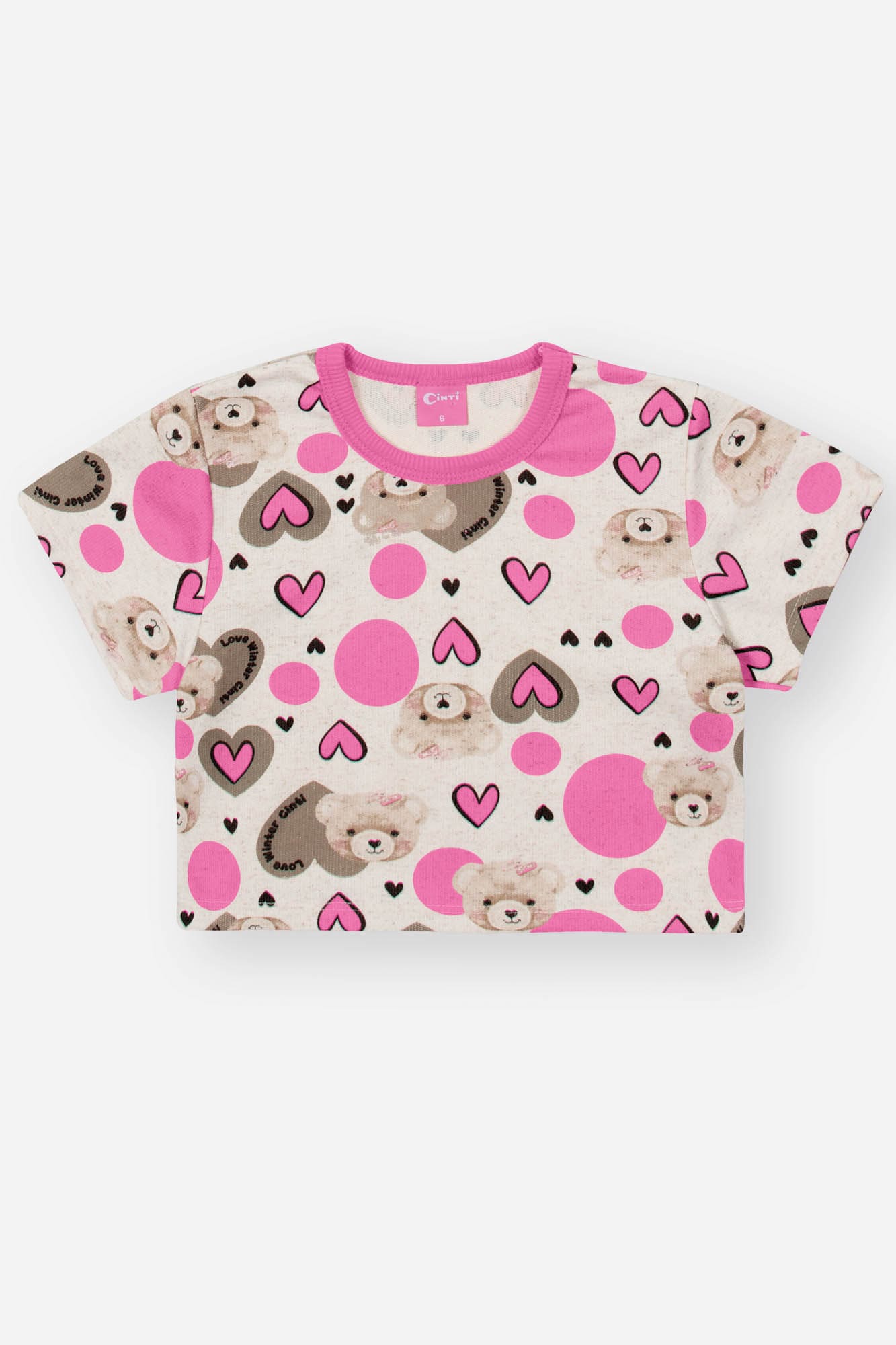 Conjunto Infantil Cinti Inverno Shorts e Cropped Corações Ursinhos