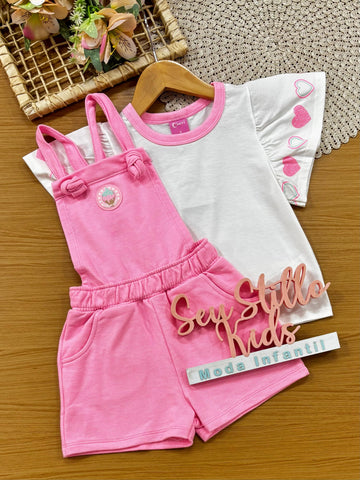 Jardineira Infantil Menina Cinti Rosa com Blusa Branca Corações