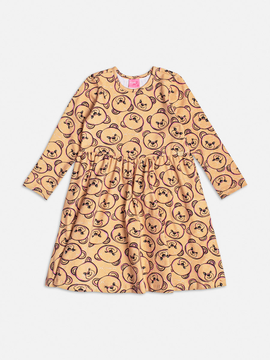 Vestido Infantil Momi Inverno Manga Longa Caramelo Ursinhos