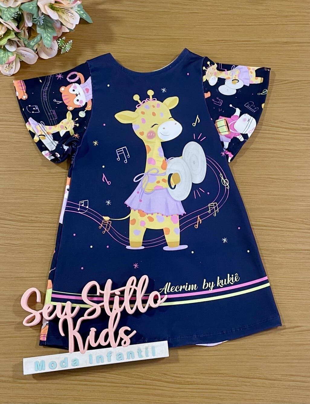 Vestido Infantil Kukie Alecrim Verão Azul Girafinha Musical