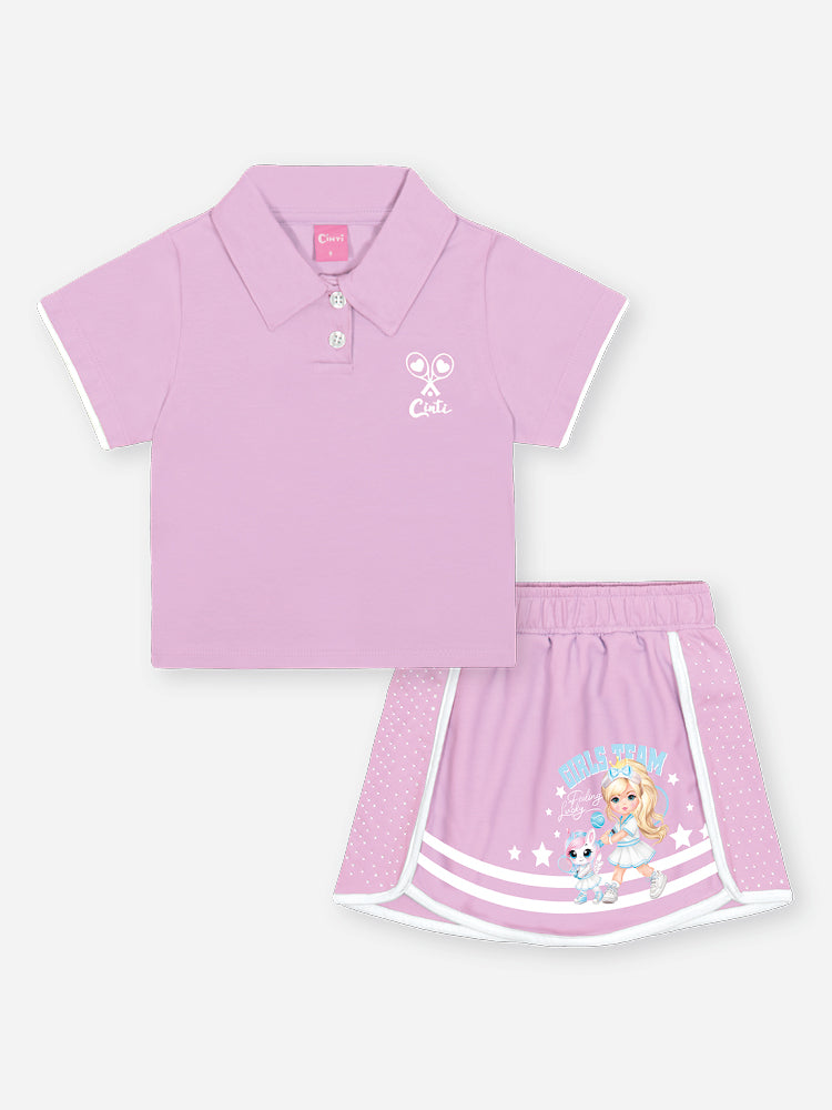 Conjunto Infantil Cinti Verão com Shorts Saia e Blusa Lilás Tênista