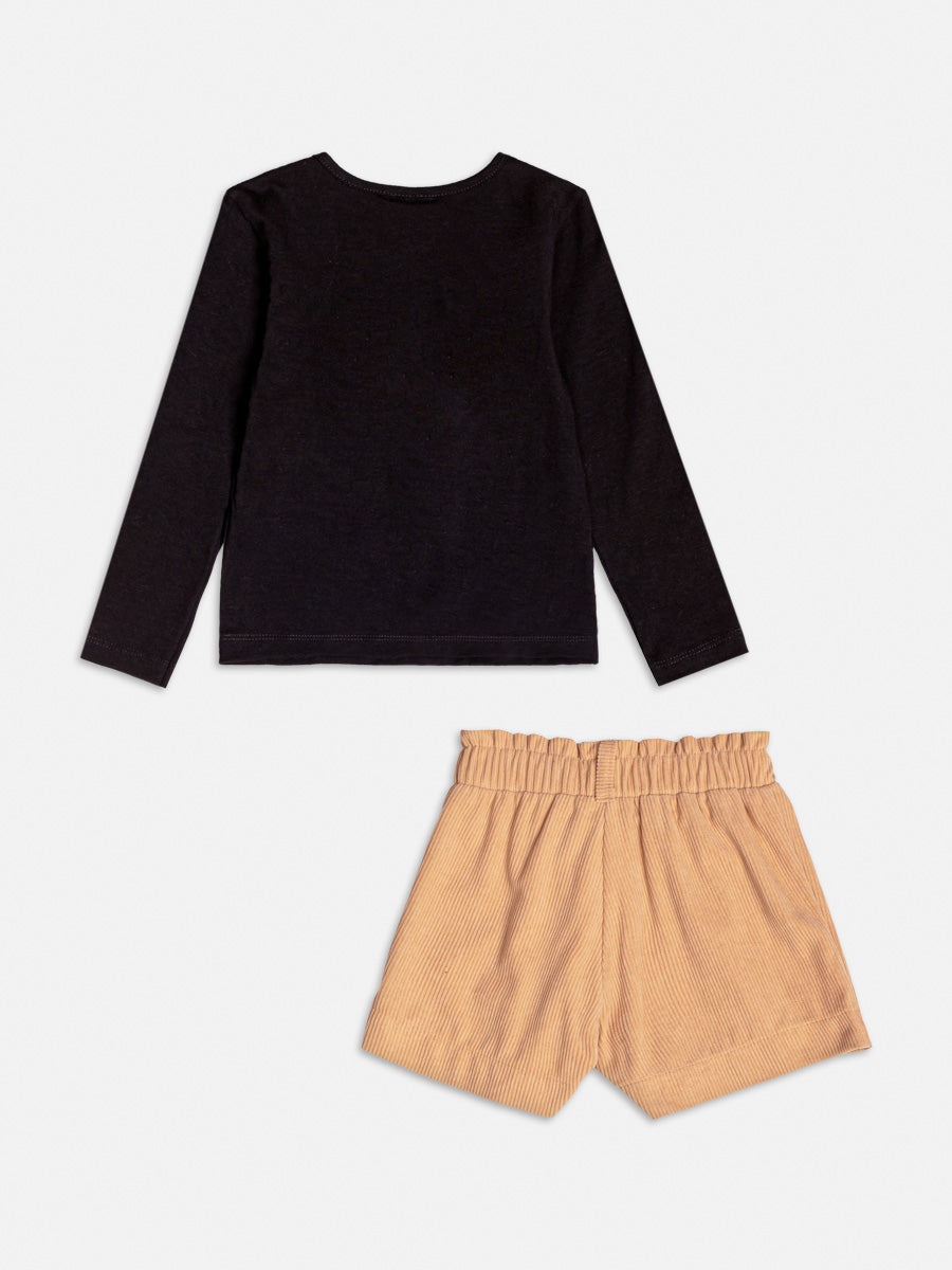 Conjunto Infantil Momi Inverno com Shorts Marrom e Blusa Preta Ursinho