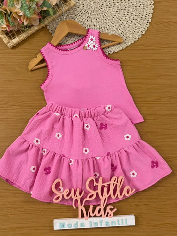 Conjunto Infantil Menina Bimbi Saia e Regata Rosa Florsinha