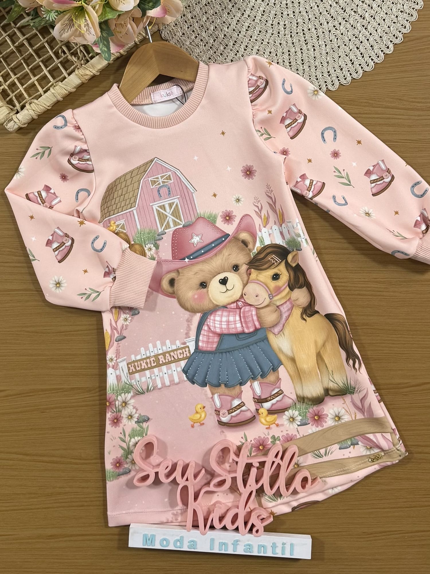 Vestido Infantil Kukiê Inverno Rosa Ursinha Fazendeira