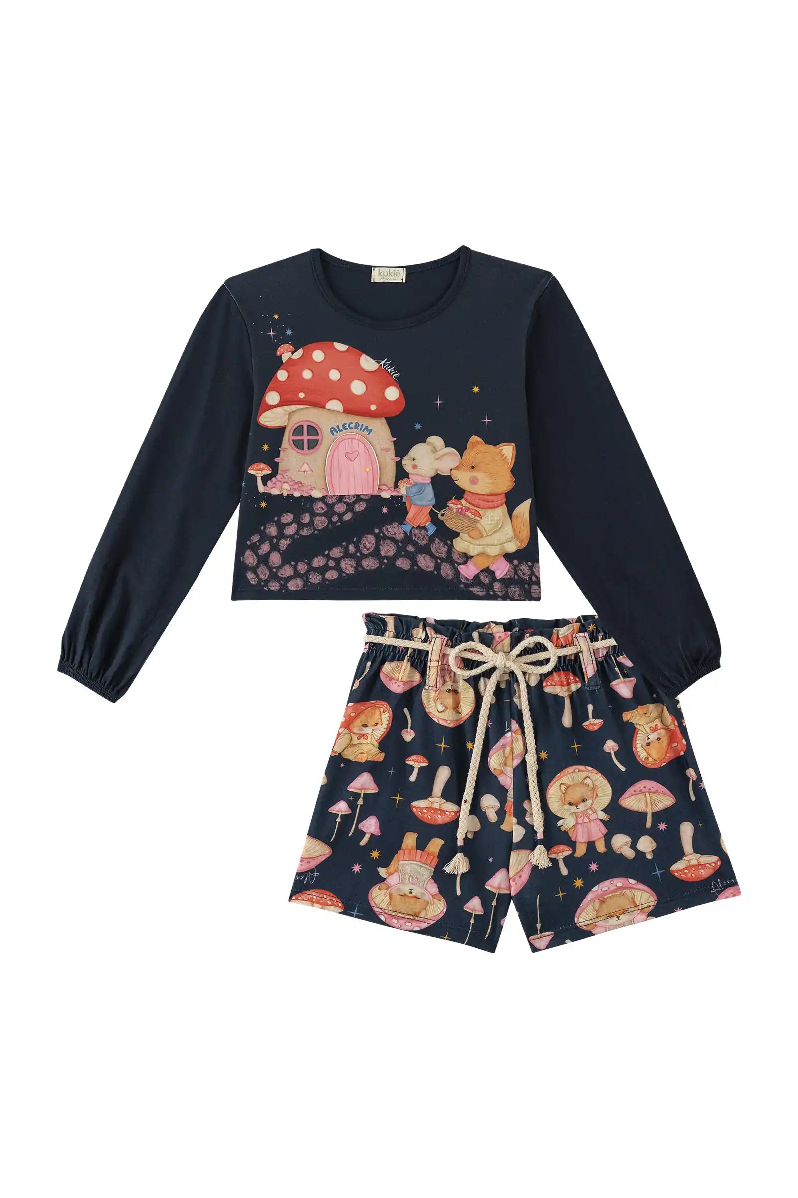 Conjunto Infantil Kukiê Inverno com Shorts e Blusa Manga Longa Azul Marinho Casinha Cogumelo