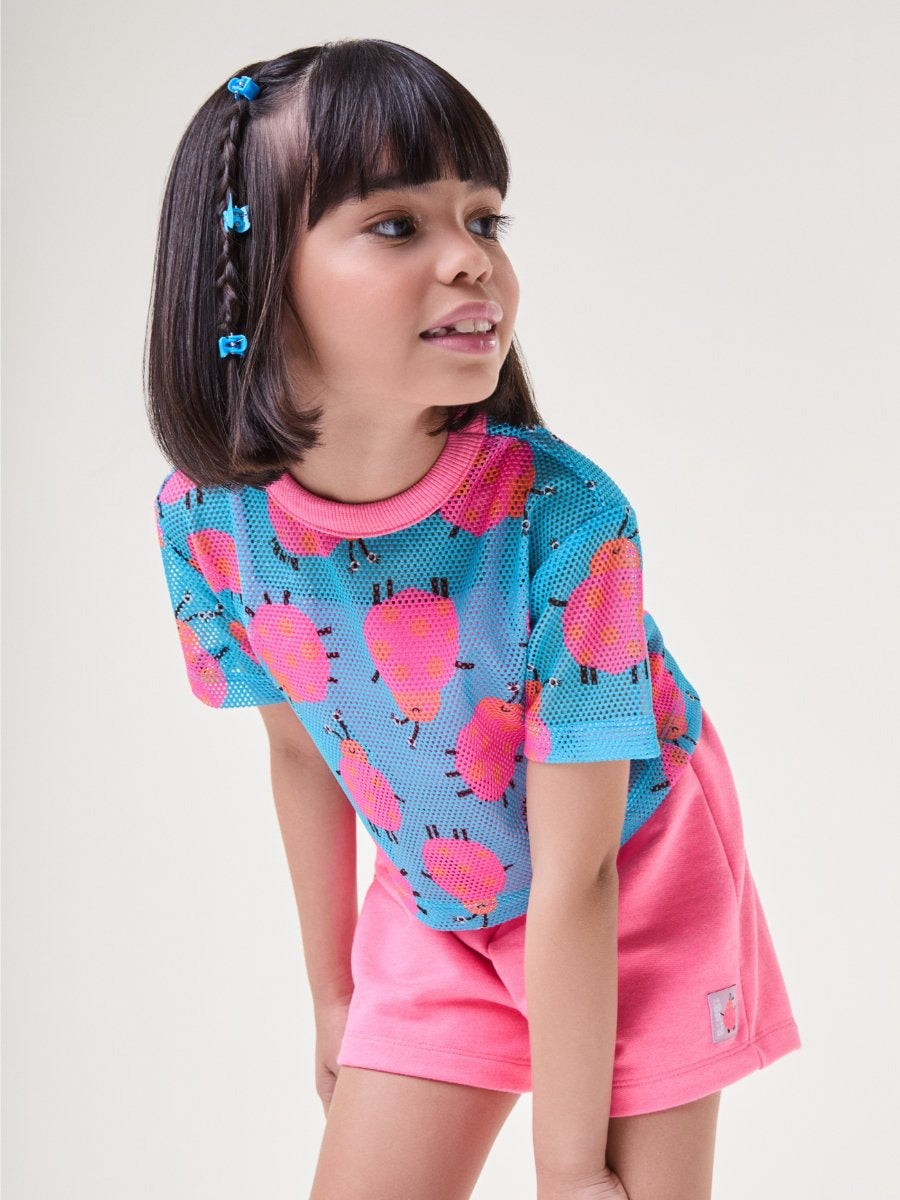 Conjunto Infantil Bimbi Verão, Shorts e Regata Rosa com Sobreposição em Tela Joaninha