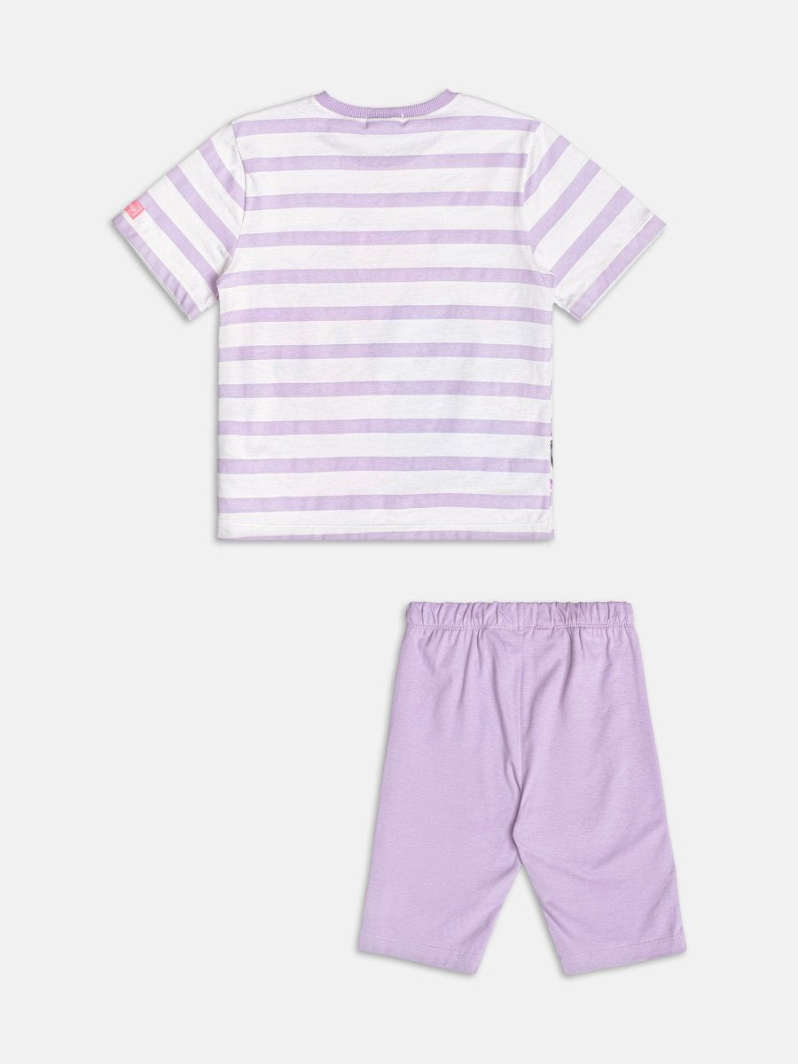 Conjunto Infantil Momi Verão com Shorts Ciclista Lilás e Blusa Listrada Angel e Stitch Disney