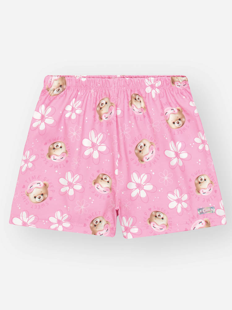 Pijama Infantil Cinti Verão Shorts Rosa e Blusa Off White Ursinho Wake Me Up