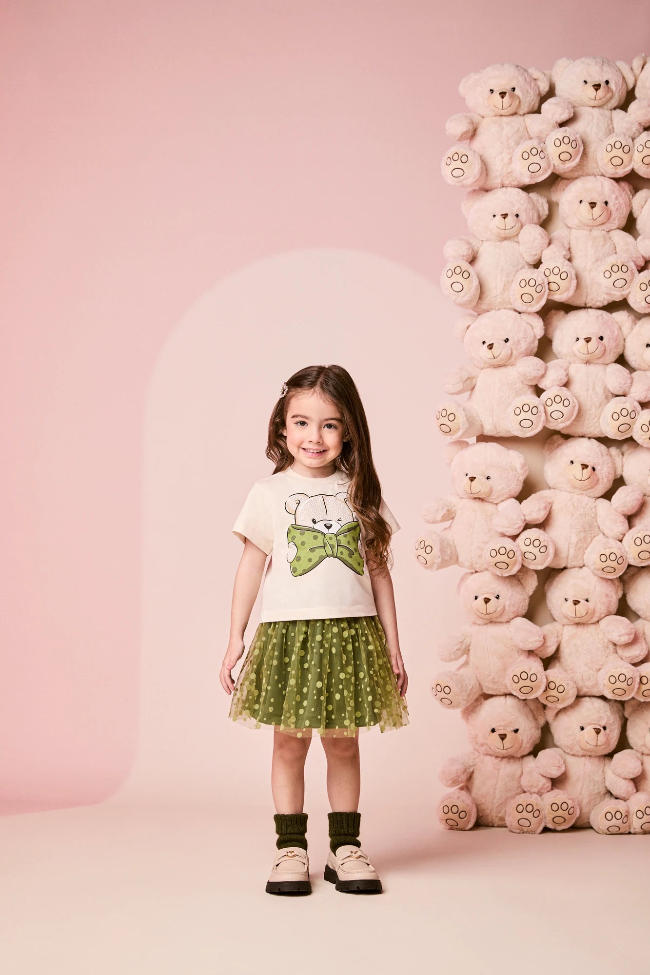 Conjunto Infantil Momi Inverno com Saia em Tule Verde e Blusa Manga Longa Ursinho Laço