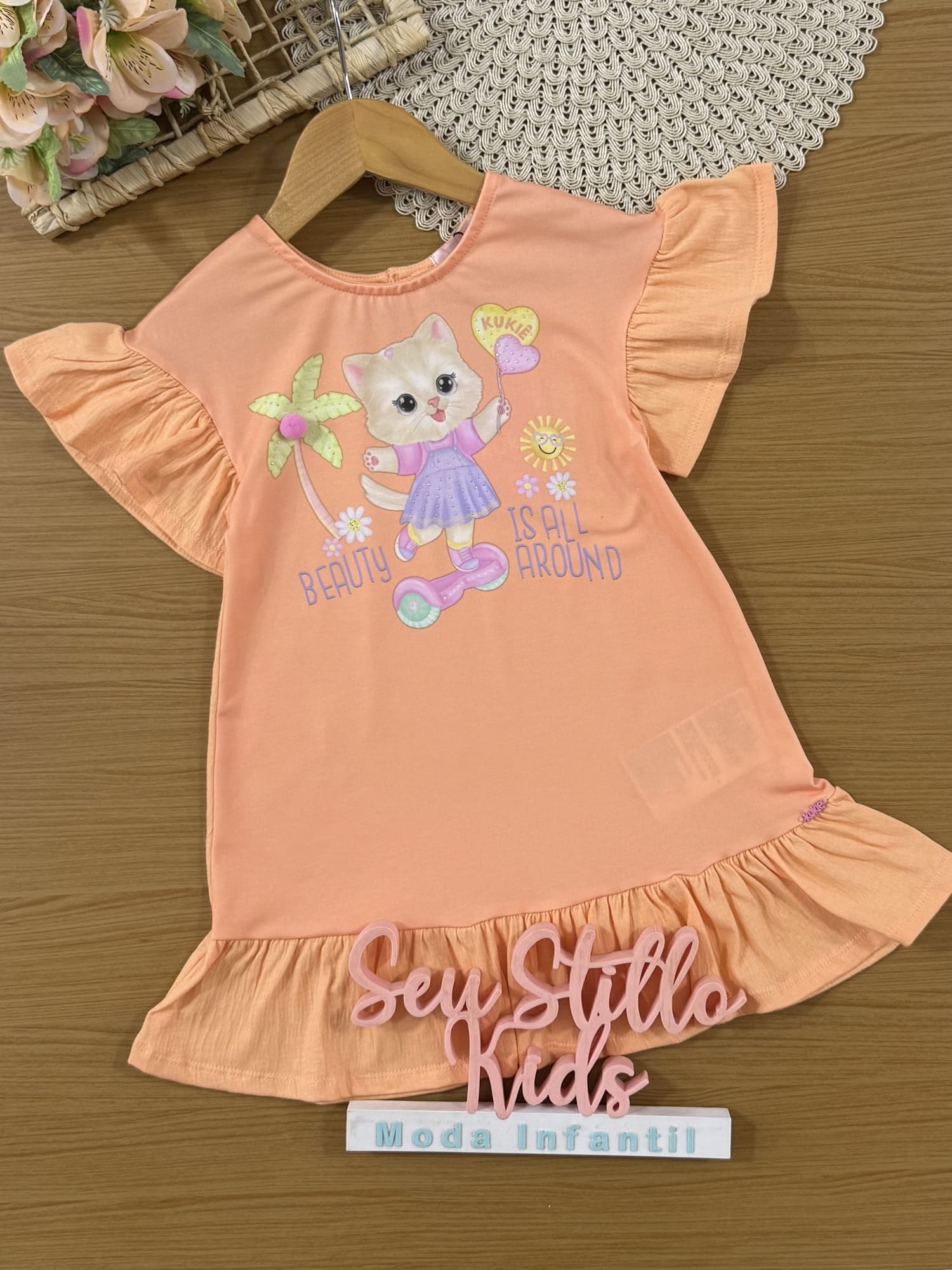 Vestido Infantil Kukiê Verão Laranja Gatinha com Strass