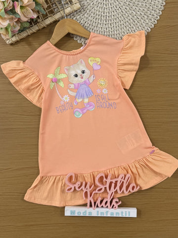Vestido Infantil Kukiê Verão Laranja Gatinha com Strass