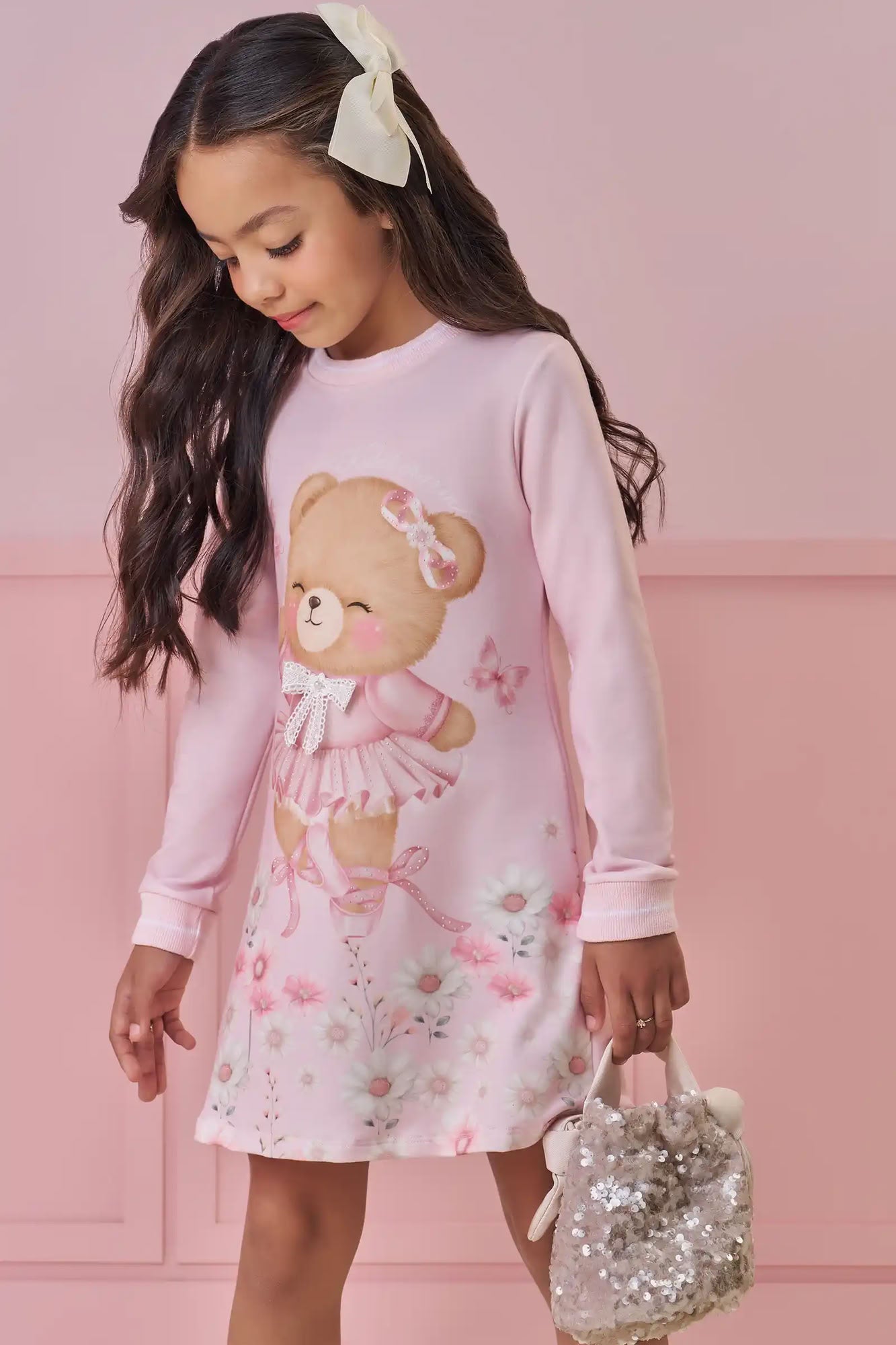 Vestido Infantil Kukiê Inverno Rosa Ursinha Bailarina