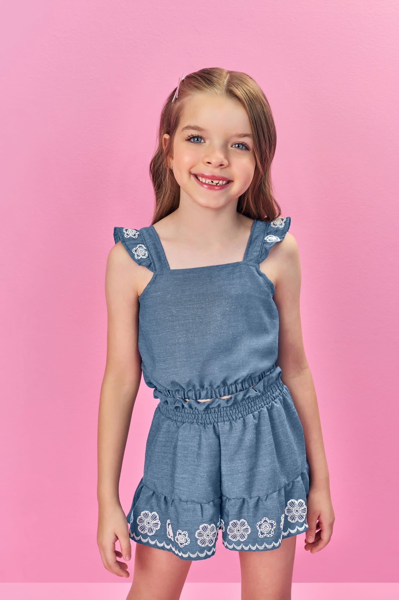 Conjunto Infantil Cinti Verão com Shorts e Blusa Azul Florzinha
