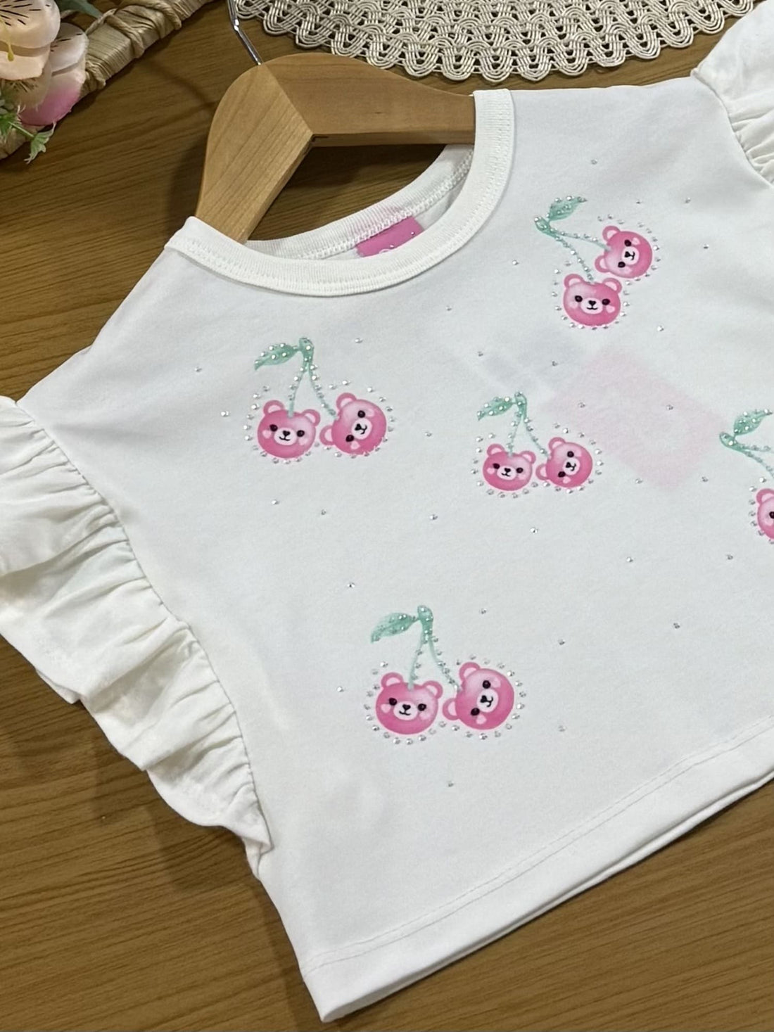 Blusa Infantil Cinti Verão Branca Cerejinha com Strass
