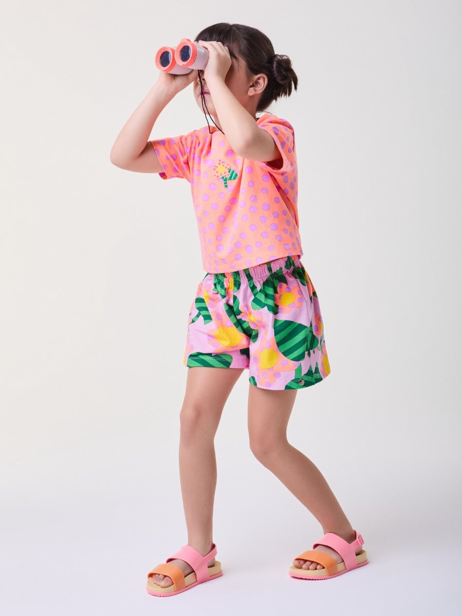 Conjunto Infantil Bimbi Verão com Shorts Lilás e Blusa Laranja Bolinhas