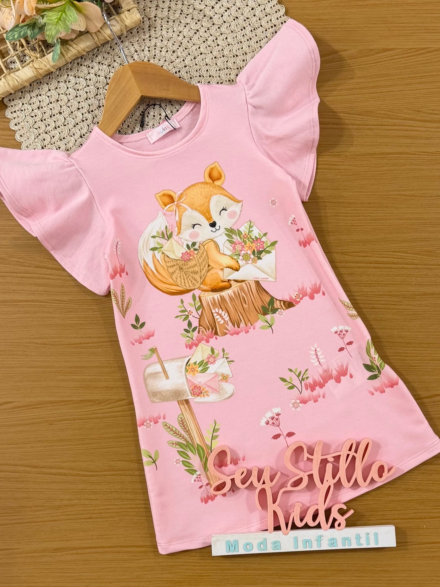 Vestido Infantil Kukiê Rosa Raposinha Cartinhas