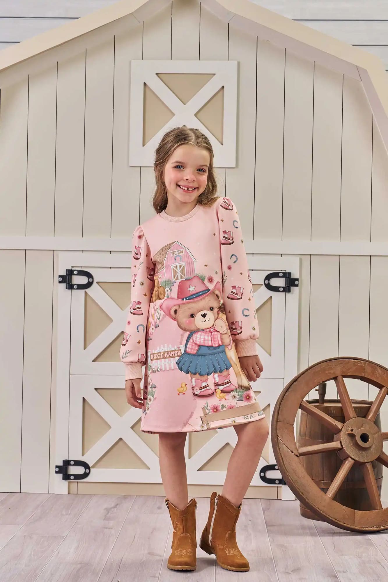 Vestido Infantil Kukiê Inverno Rosa Ursinha Fazendeira
