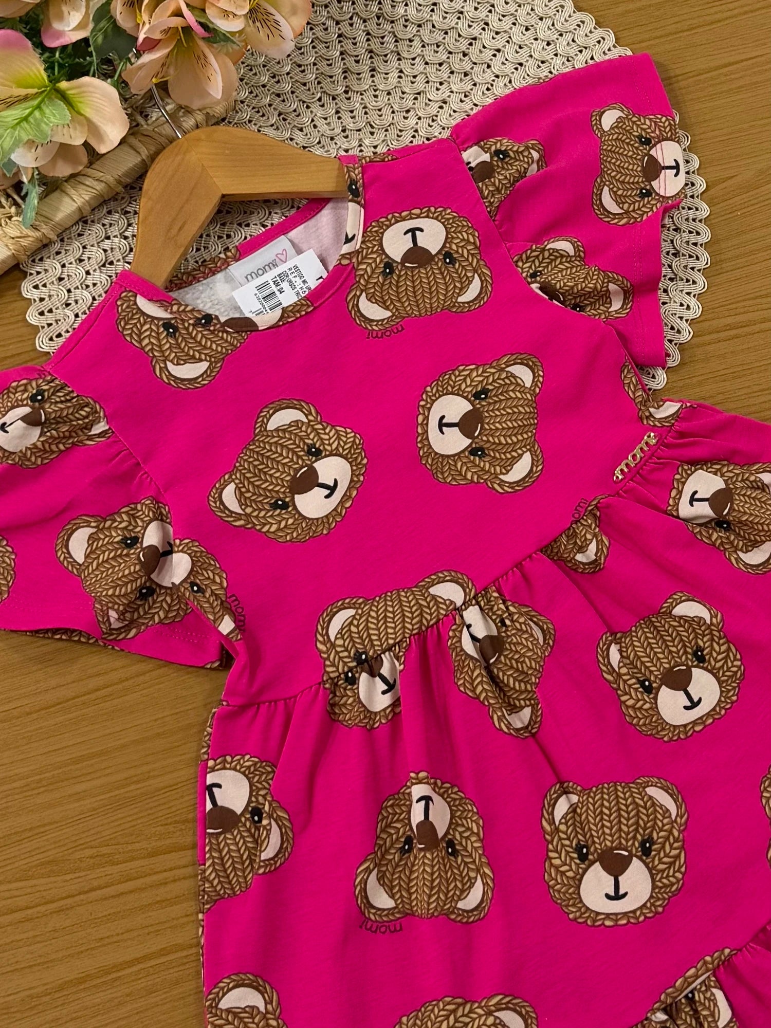 Vestido Infantil Momi Inverno Rosa Escuro Ursinhos Tricote